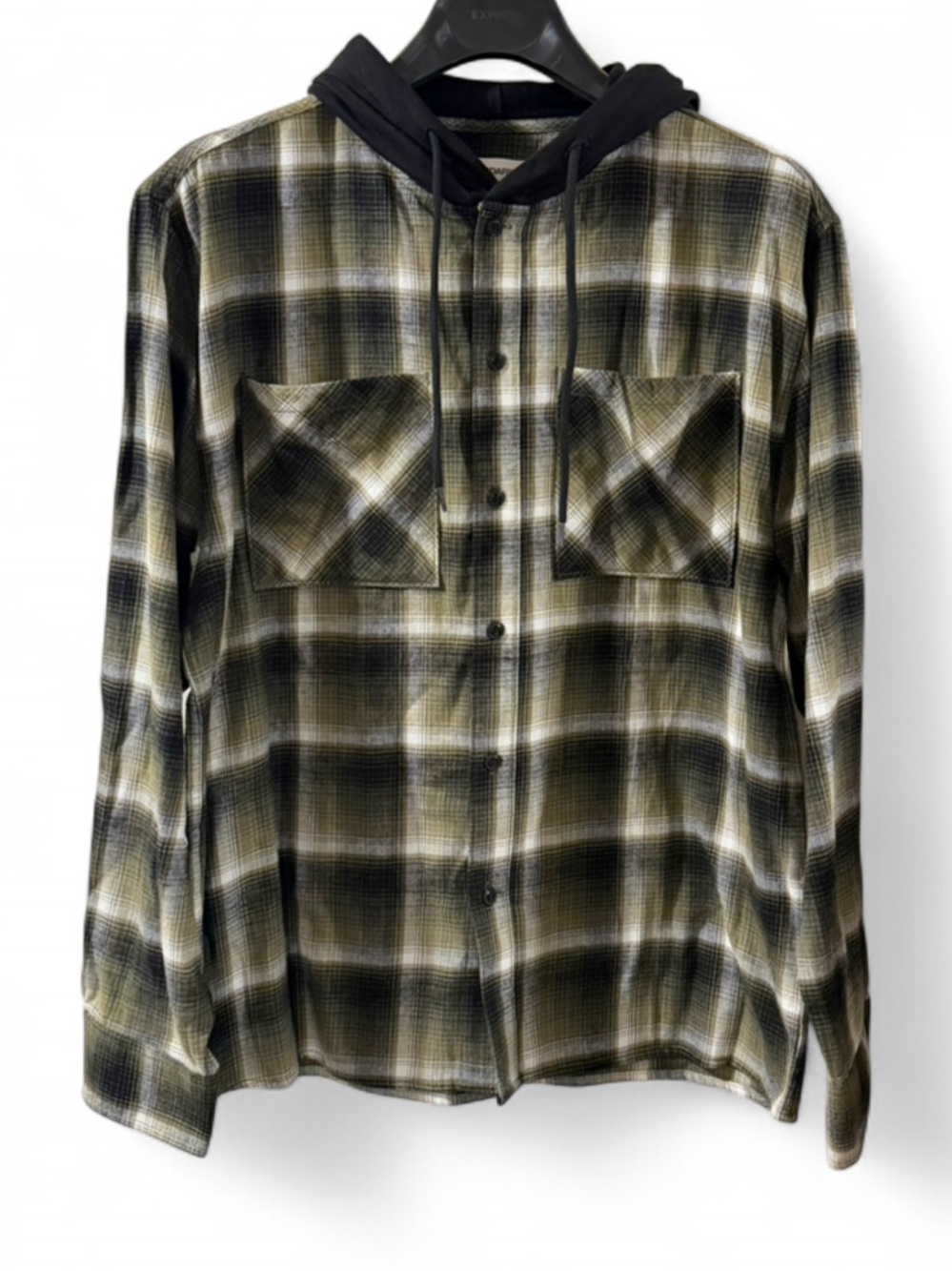 Plaid Olive/Black Hooded Flannel Shirt Size Men’s Medium (NWT)